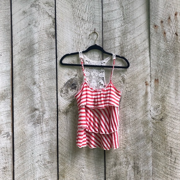 Mauve | coral striped top w/ ruffles and lace - Picture 1 of 5